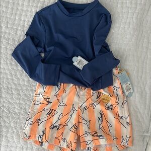 Cat & Jack Navy Rash Guard with Orange Stripe Shark Swim Trunks
